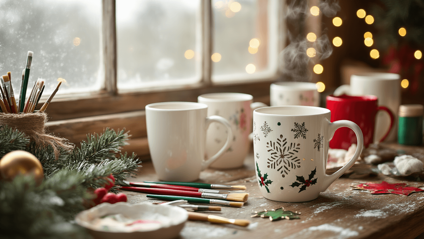 A cozy craft room scene featuring a rustic wooden table with pristine white ceramic mugs in various stages of painting, surrounded by artistic tools and soft bokeh fairy lights, showcasing warm lighting and rich colors in hyperrealistic detail.