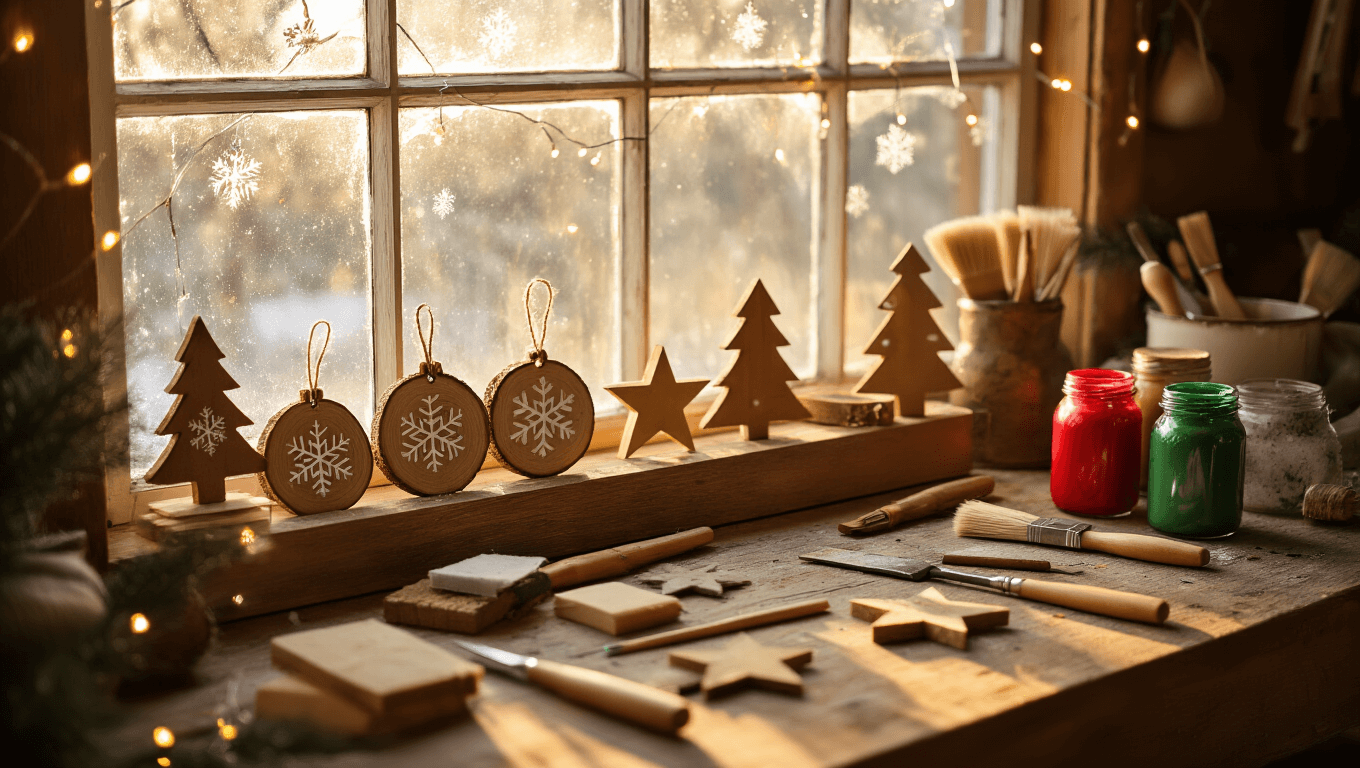 A rustic wooden workbench illuminated by golden afternoon light, showcasing handcrafted Christmas ornaments, woodworking tools, and festive decorations, with delicate snowflakes falling outside the frosted window.