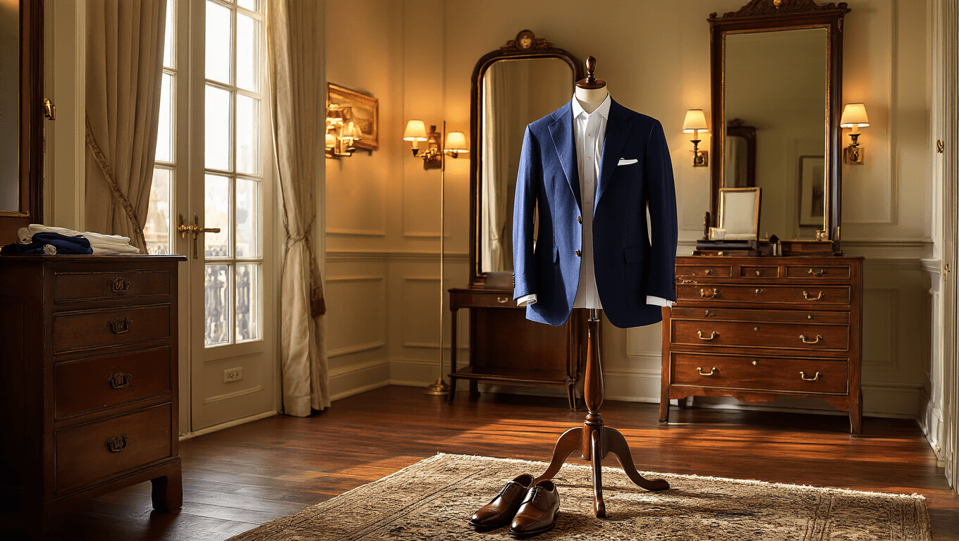 A sophisticated dressing room with warm lighting, featuring a navy blazer on a mahogany valet stand, a pressed white Oxford shirt, and burnished leather Oxford shoes, all surrounded by rich wooden floors and antique mirrors.
