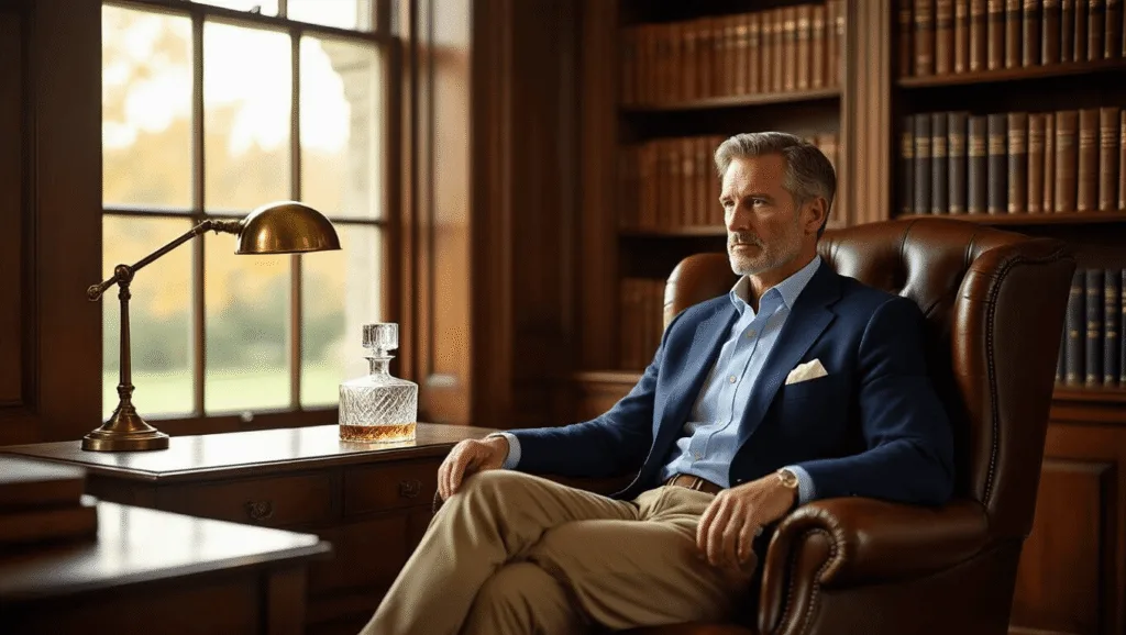 A sophisticated man in a navy blazer sits in a leather armchair in a wood-paneled study, illuminated by warm afternoon light.