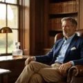 A sophisticated man in a navy blazer sits in a leather armchair in a wood-paneled study, illuminated by warm afternoon light.