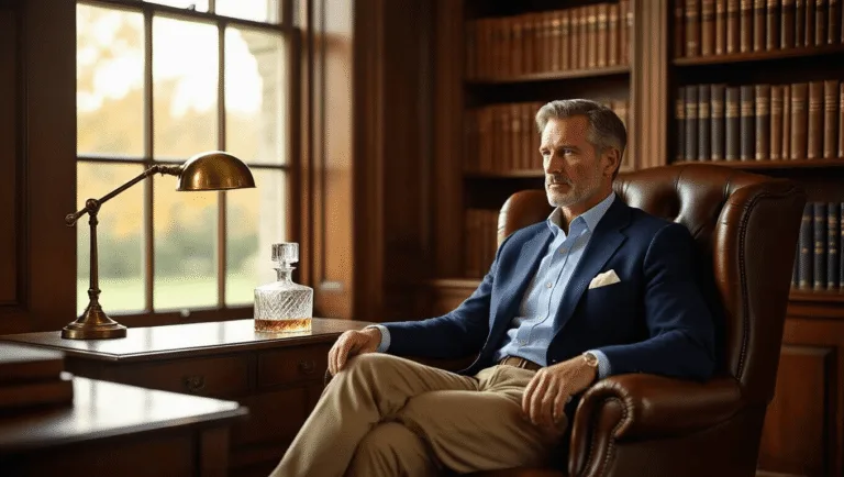 A sophisticated man in a navy blazer sits in a leather armchair in a wood-paneled study, illuminated by warm afternoon light.