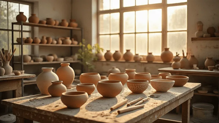 A sunlit pottery studio featuring a weathered wooden workbench with handmade clay bowls in various stages of completion, pottery tools scattered in the foreground, and industrial shelving displaying finished bowls, all illuminated by golden hour light.