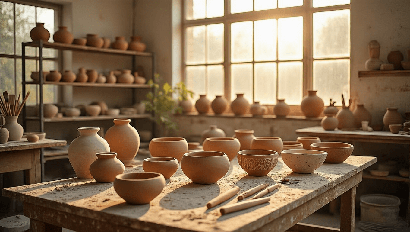 A sunlit pottery studio featuring a weathered wooden workbench with handmade clay bowls in various stages of completion, pottery tools scattered in the foreground, and industrial shelving displaying finished bowls, all illuminated by golden hour light.