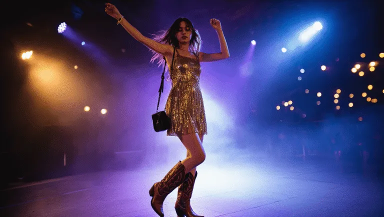 A young woman in a shimmering gold sequin mini dress and brown western boots dances in a dim concert venue, illuminated by purple and blue lights, with her hair in motion and arms raised against a backdrop of bokeh lights.