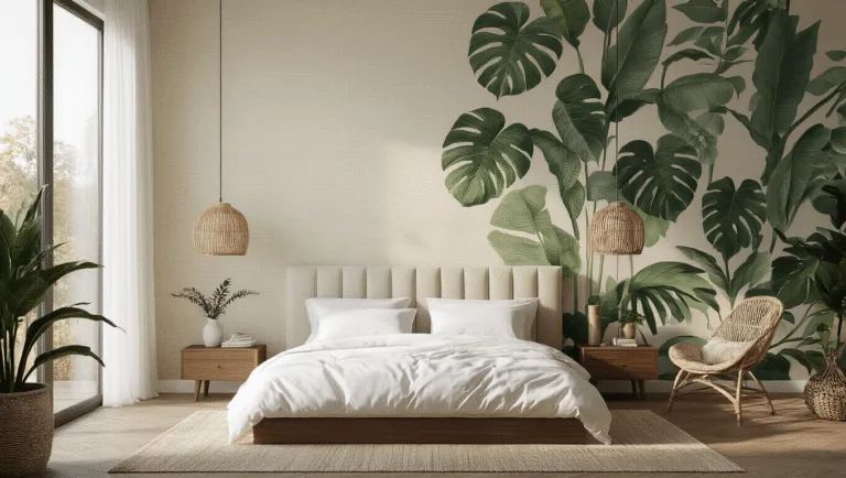 A collection of five contemporary bedroom scenes, featuring diverse wallpaper styles in a cinematic 8K ultra HD photo series. The images capture serene minimalist, botanical-themed, modern luxe, moody art deco, and Scandinavian minimal bedrooms, all styled with natural lighting and distinctive design elements.