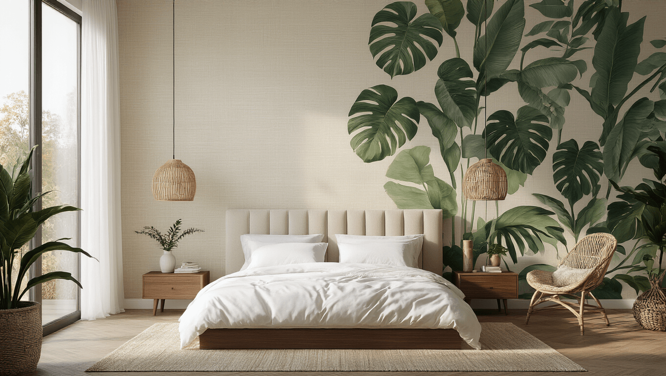 A collection of five contemporary bedroom scenes, featuring diverse wallpaper styles in a cinematic 8K ultra HD photo series. The images capture serene minimalist, botanical-themed, modern luxe, moody art deco, and Scandinavian minimal bedrooms, all styled with natural lighting and distinctive design elements.
