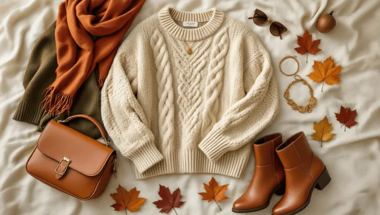 A cozy autumn fashion flatlay featuring a chunky oatmeal cable-knit sweater, brown leather ankle boots, gold minimal jewelry, and autumn accessories, arranged on a cream textured backdrop with warm directional lighting and soft shadows.