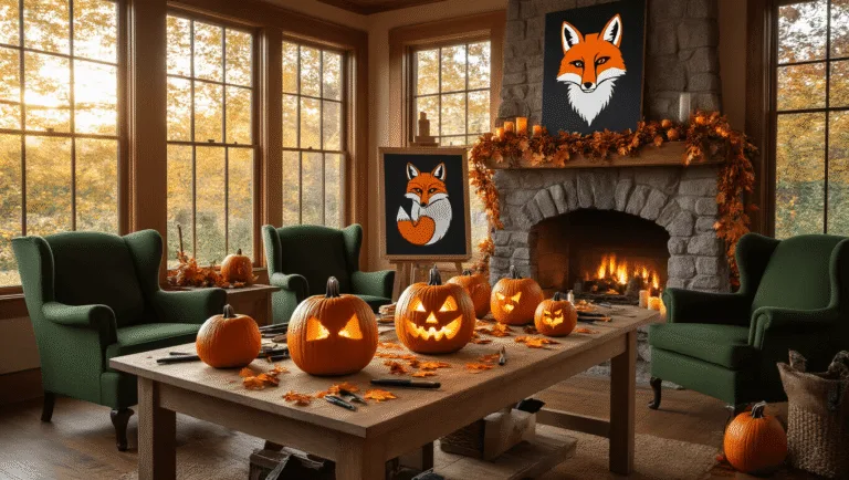 A cozy craftsman living room at golden hour, featuring a worktable filled with pumpkin carving tools and fox-themed pumpkins, surrounded by deep green armchairs and a stone fireplace decorated with autumn garlands and LED candles. Natural sunlight filters through bay windows, highlighting a fox stencil on a chalkboard easel and completed carved pumpkins, with scattered maple leaves and gourds enhancing the autumn atmosphere.