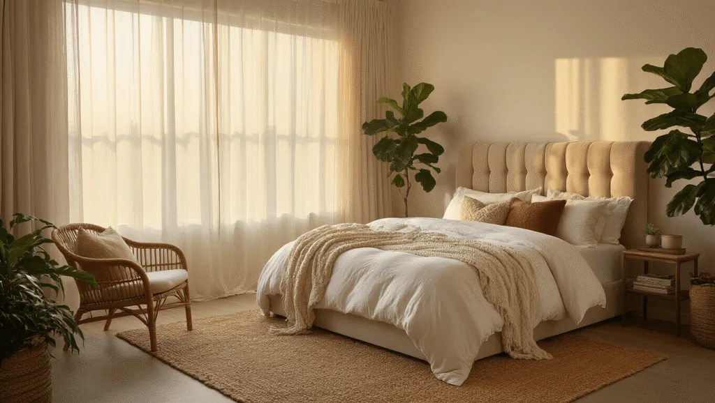 Creating a Cozy Bedroom: Your Ultimate Guide to Comfort and Style A serene 14x16ft bedroom filled with warm golden hour light, featuring a plush king-size bed with layered bedding, a vintage rattan reading chair, and a fiddle leaf fig, all set against warm greige walls adorned with black and white photographs.