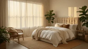 Creating a Cozy Bedroom: Your Ultimate Guide to Comfort and Style A serene 14x16ft bedroom filled with warm golden hour light, featuring a plush king-size bed with layered bedding, a vintage rattan reading chair, and a fiddle leaf fig, all set against warm greige walls adorned with black and white photographs.