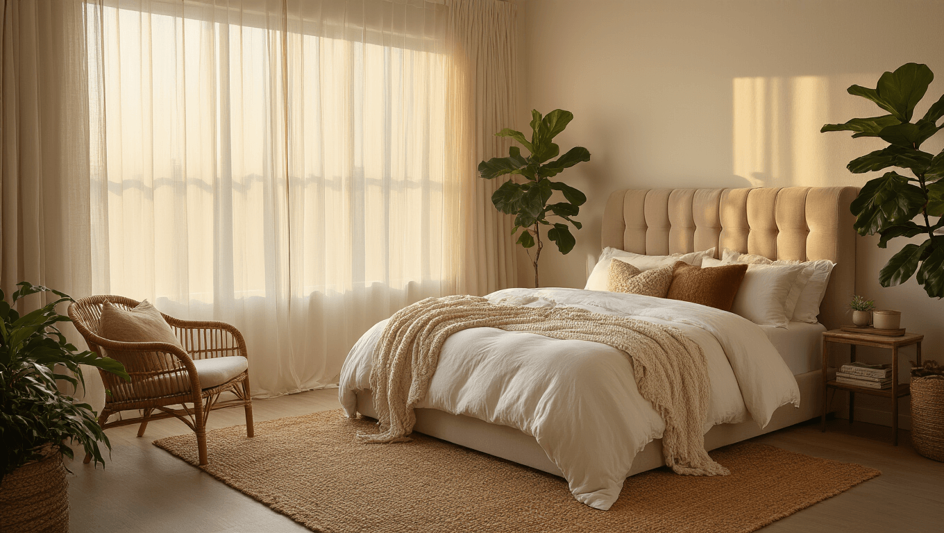 A serene 14x16ft bedroom filled with warm golden hour light, featuring a plush king-size bed with layered bedding, a vintage rattan reading chair, and a fiddle leaf fig, all set against warm greige walls adorned with black and white photographs.