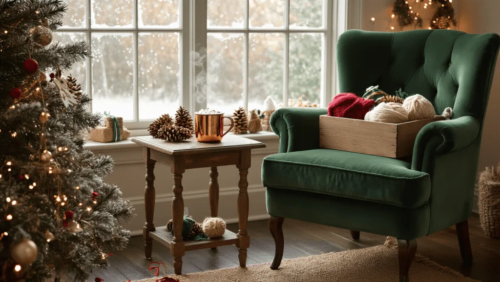 50 Charming Vintage Christmas Decor Ideas to Transform Your Home A cozy craft corner adorned for Christmas, featuring a plush green armchair, a distressed oak side table with a mug of cocoa, a vintage craft box filled with festive supplies, and soft sunlight streaming through a bay window, all highlighted by twinkling fairy lights and holiday decorations.