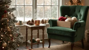 A cozy craft corner adorned for Christmas, featuring a plush green armchair, a distressed oak side table with a mug of cocoa, a vintage craft box filled with festive supplies, and soft sunlight streaming through a bay window, all highlighted by twinkling fairy lights and holiday decorations.