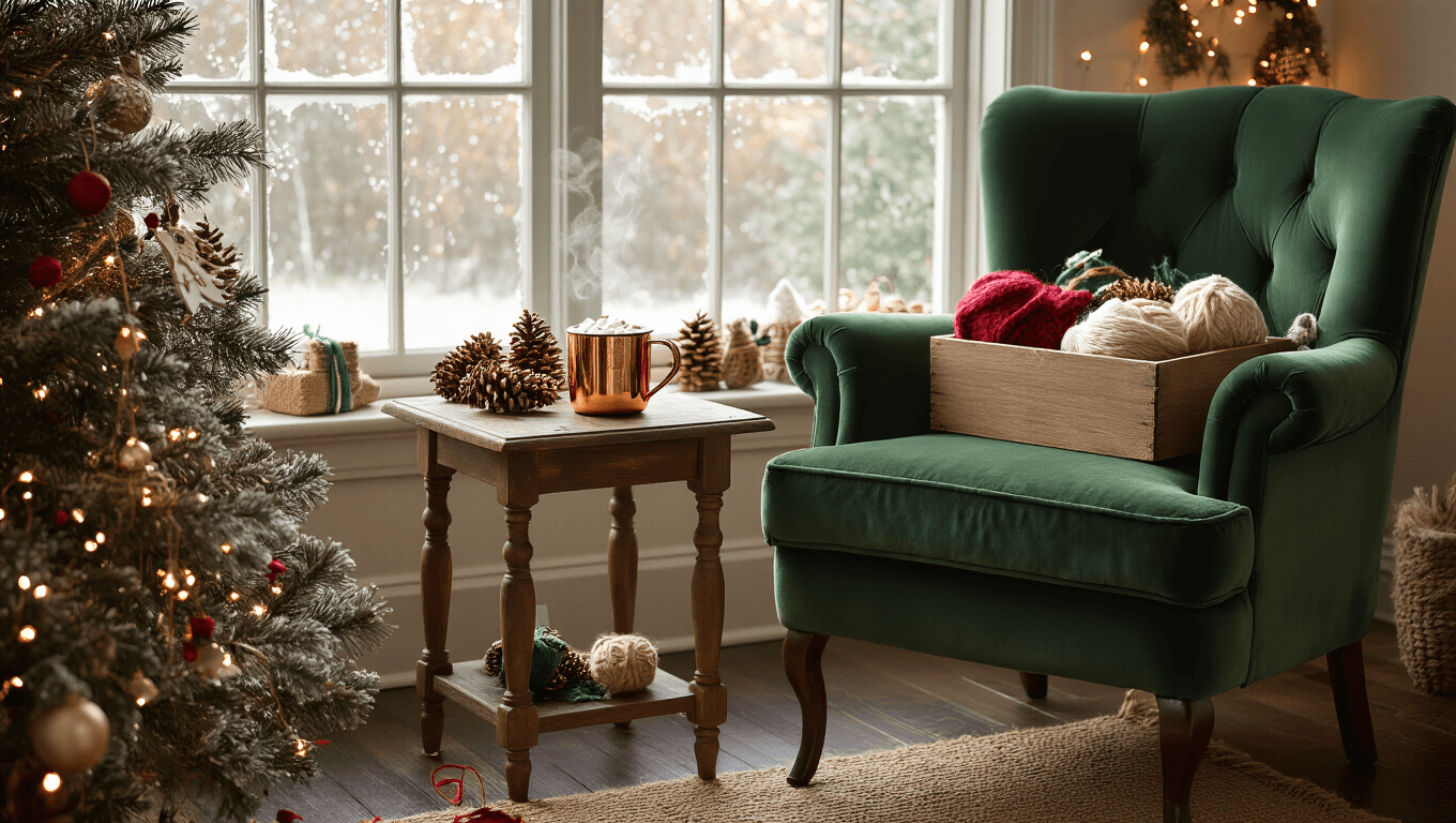 A cozy craft corner adorned for Christmas, featuring a plush green armchair, a distressed oak side table with a mug of cocoa, a vintage craft box filled with festive supplies, and soft sunlight streaming through a bay window, all highlighted by twinkling fairy lights and holiday decorations.