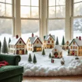 Cinematic wide-angle view of a cozy living room corner with a luminous Christmas village display featuring intricately crafted miniature houses, soft afternoon sunlight, and warm decorative elements.