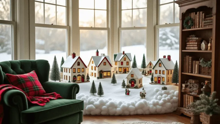 Cinematic wide-angle view of a cozy living room corner with a luminous Christmas village display featuring intricately crafted miniature houses, soft afternoon sunlight, and warm decorative elements.