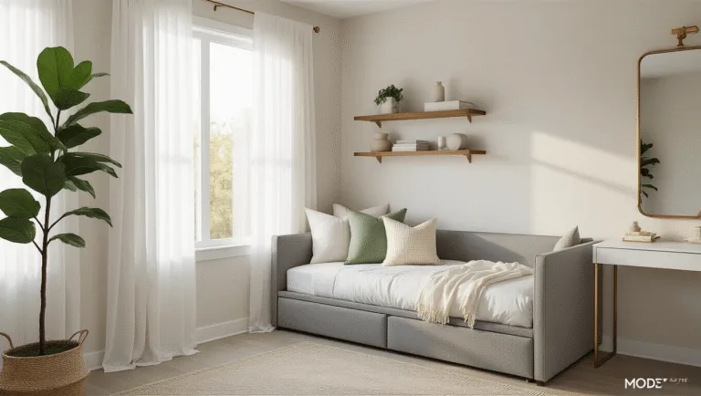 A cozy 10x12ft bedroom featuring a gray linen daybed with layered pillows, floating walnut shelves with minimalist decor, and a brass-framed mirror, shot during golden hour with soft natural light and warm ambient lighting.