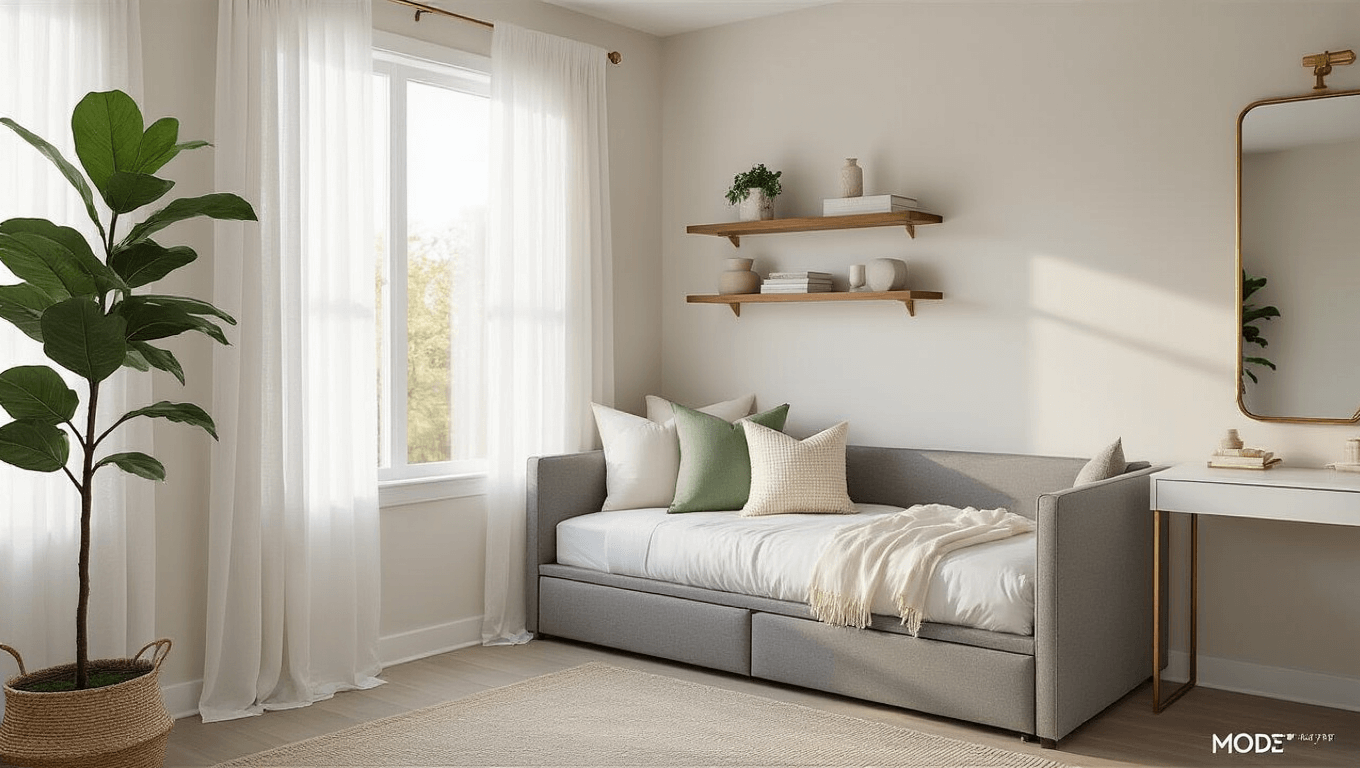 A cozy 10x12ft bedroom featuring a gray linen daybed with layered pillows, floating walnut shelves with minimalist decor, and a brass-framed mirror, shot during golden hour with soft natural light and warm ambient lighting.