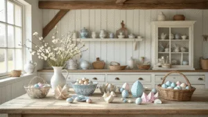 A sunlit country kitchen filled with Easter craft supplies, featuring a rustic farmhouse table, vintage accents, and delicate pastel decorations, all bathed in soft morning light.