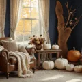 A cozy craftsman-style living room bathed in golden hour sunlight, featuring a leather armchair with a cream-knit throw, a side table with floral-adorned white pumpkins, and a wood-slice branch installation against navy walls, complemented by mercury glass pumpkins on the mantle and a garland of painted leaves. Scattered art supplies on a wooden coffee table suggest an active creative space.