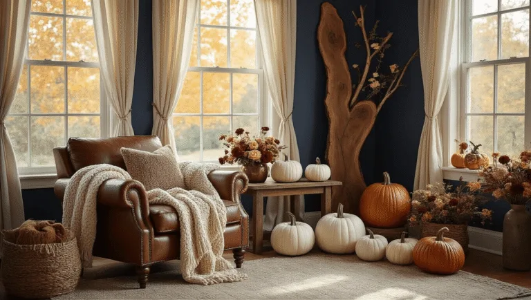 A cozy craftsman-style living room bathed in golden hour sunlight, featuring a leather armchair with a cream-knit throw, a side table with floral-adorned white pumpkins, and a wood-slice branch installation against navy walls, complemented by mercury glass pumpkins on the mantle and a garland of painted leaves. Scattered art supplies on a wooden coffee table suggest an active creative space.