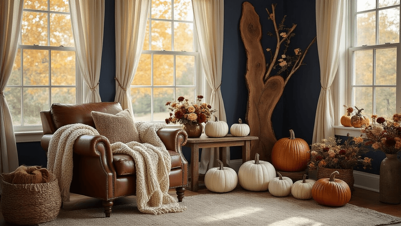 A cozy craftsman-style living room bathed in golden hour sunlight, featuring a leather armchair with a cream-knit throw, a side table with floral-adorned white pumpkins, and a wood-slice branch installation against navy walls, complemented by mercury glass pumpkins on the mantle and a garland of painted leaves. Scattered art supplies on a wooden coffee table suggest an active creative space.