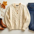 A flat lay arrangement of a cream cable-knit sweater, high-waisted stretch denim jeans, brown leather Chelsea boots, and delicate gold necklaces on a white surface, with soft natural light enhancing the textures and warm autumnal colors.