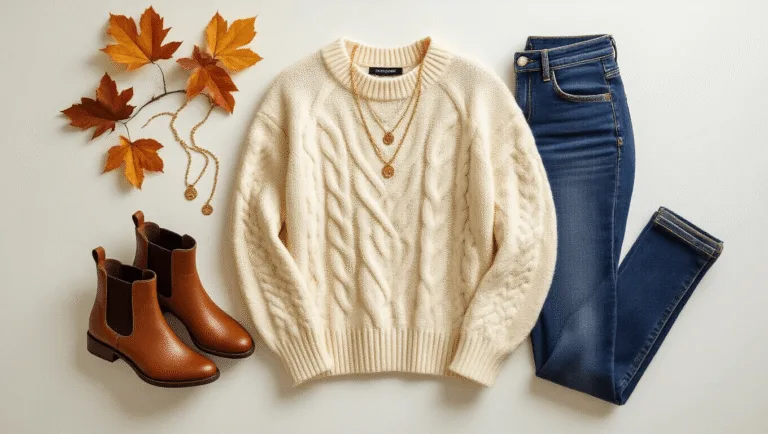 A flat lay arrangement of a cream cable-knit sweater, high-waisted stretch denim jeans, brown leather Chelsea boots, and delicate gold necklaces on a white surface, with soft natural light enhancing the textures and warm autumnal colors.