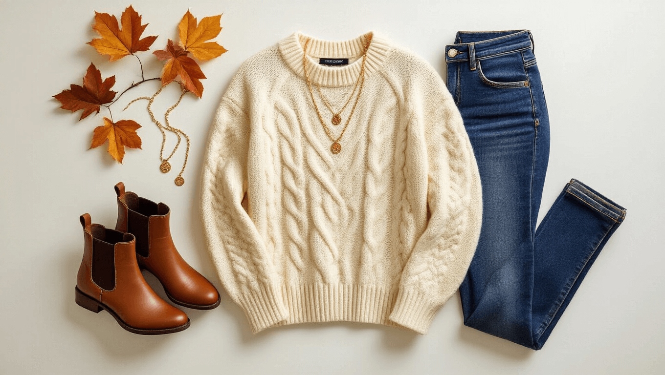 A flat lay arrangement of a cream cable-knit sweater, high-waisted stretch denim jeans, brown leather Chelsea boots, and delicate gold necklaces on a white surface, with soft natural light enhancing the textures and warm autumnal colors.