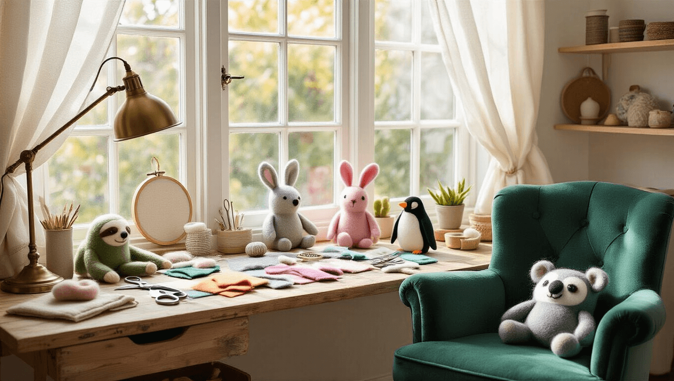 A sunlit craft studio with a bay window, showcasing a workbench filled with colorful felt pieces, tools, and completed felt animals, surrounded by a warm, magical atmosphere of streaming light and dust particles.