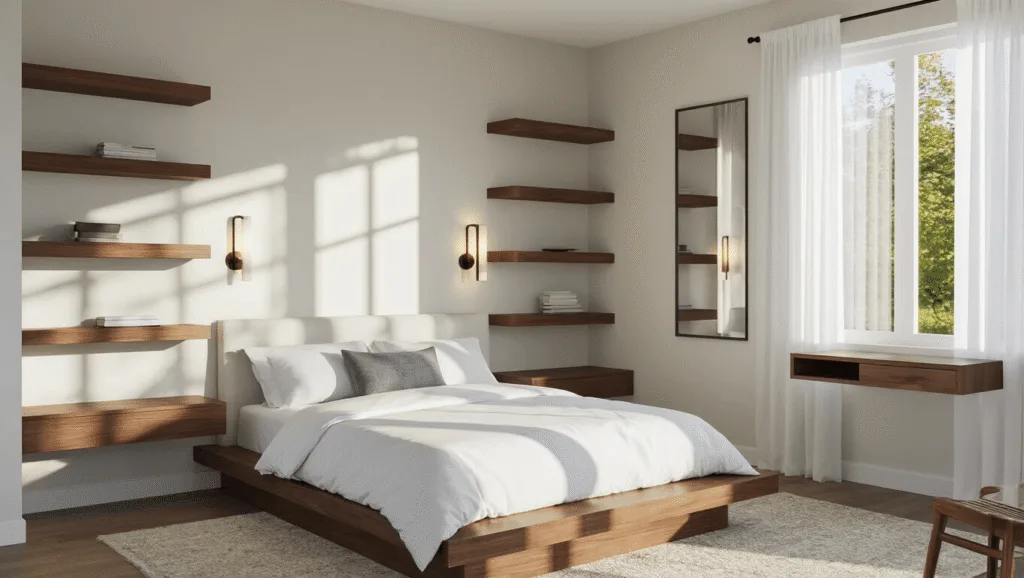 Cinematic photorealistic interior of a cozy 10x12ft modern bedroom during golden hour, featuring a low-profile platform bed with white linens, walnut floating shelves, LED sconces, and strategic storage solutions, illuminated by natural sunlight through sheer curtains.