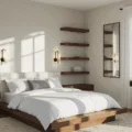 Cinematic photorealistic interior of a cozy 10x12ft modern bedroom during golden hour, featuring a low-profile platform bed with white linens, walnut floating shelves, LED sconces, and strategic storage solutions, illuminated by natural sunlight through sheer curtains.