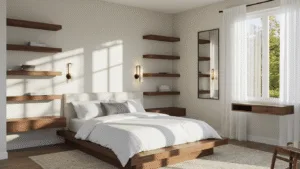 Tiny Bedroom, Big Style: Transforming Small Spaces into Cozy Retreats Cinematic photorealistic interior of a cozy 10x12ft modern bedroom during golden hour, featuring a low-profile platform bed with white linens, walnut floating shelves, LED sconces, and strategic storage solutions, illuminated by natural sunlight through sheer curtains.