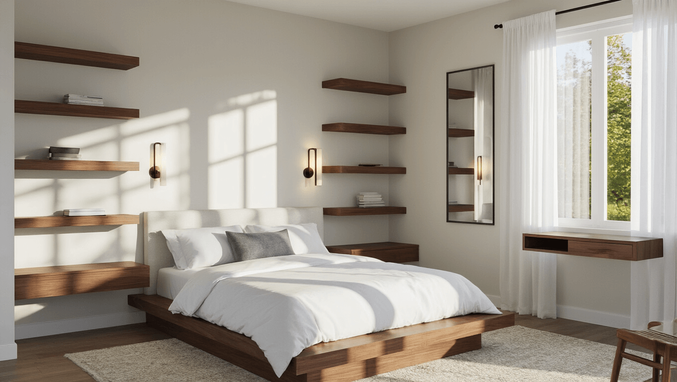 Cinematic photorealistic interior of a cozy 10x12ft modern bedroom during golden hour, featuring a low-profile platform bed with white linens, walnut floating shelves, LED sconces, and strategic storage solutions, illuminated by natural sunlight through sheer curtains.