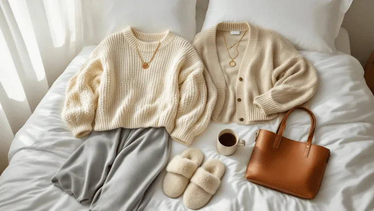 Minimalist flatlay featuring luxurious neutral loungewear including a cream chunky knit sweater, gray wide-leg pants, and beige cashmere cardigan on white bedding, with delicate gold jewelry, fuzzy slippers, a leather tote, and a ceramic coffee mug, illuminated by natural morning light.