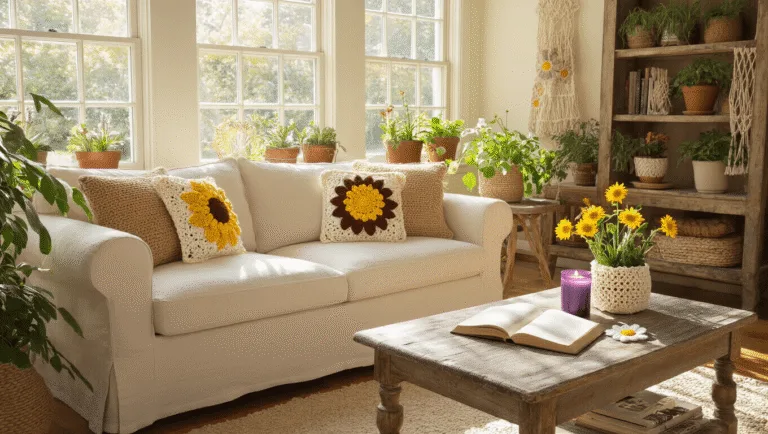 A sunlit living room with a cream linen sofa featuring a handmade sunflower crochet pillow, rustic oak side table with a lavender candle in a crochet cozy, weathered bookshelves with macramé plants, and an open book with a crocheted daisy bookmark on a distressed coffee table, all bathed in warm afternoon light.