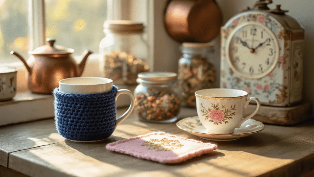 A rustic kitchen corner illuminated by warm afternoon sunlight, featuring a weathered wooden table with a navy blue crochet mug cozy, a pastel pink felt teacup bookmark, and a vintage floral tea tin clock. Copper pots and colorful loose tea jars create a cozy, inviting atmosphere with soft shadows and a shallow depth of field.