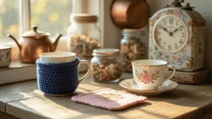DIY Gifts for Tea Lovers: Brew Up Some Handmade Magic! A rustic kitchen corner illuminated by warm afternoon sunlight, featuring a weathered wooden table with a navy blue crochet mug cozy, a pastel pink felt teacup bookmark, and a vintage floral tea tin clock. Copper pots and colorful loose tea jars create a cozy, inviting atmosphere with soft shadows and a shallow depth of field.