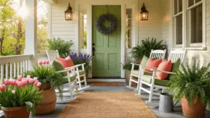 Spring Porch Refresh: Transform Your Entryway into a Seasonal Sanctuary A sunlit craftsman-style porch during golden hour, featuring white rocking chairs with sage green and coral cushions, a sage green door adorned with a lavender wreath, layered doormats, and terra cotta pots overflowing with spring flowers, illuminated by copper wire string lights.