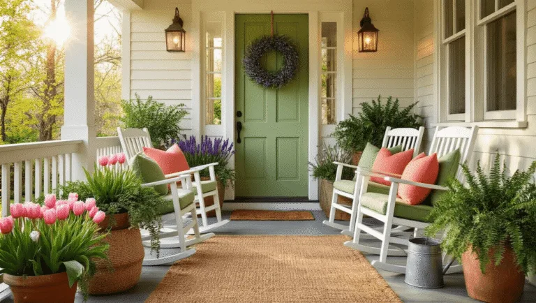 A sunlit craftsman-style porch during golden hour, featuring white rocking chairs with sage green and coral cushions, a sage green door adorned with a lavender wreath, layered doormats, and terra cotta pots overflowing with spring flowers, illuminated by copper wire string lights.