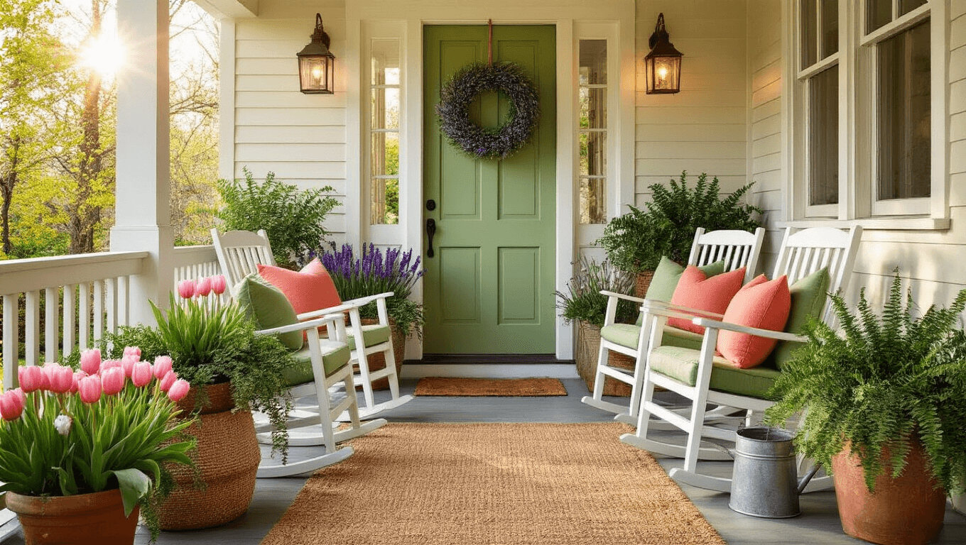 A sunlit craftsman-style porch during golden hour, featuring white rocking chairs with sage green and coral cushions, a sage green door adorned with a lavender wreath, layered doormats, and terra cotta pots overflowing with spring flowers, illuminated by copper wire string lights.