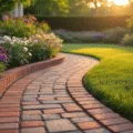 A cinematic wide-angle photograph of a residential garden at golden hour, featuring curved brick edging, manicured emerald lawn, blooming perennials, and a natural stone pathway, all bathed in warm sunset light with sharp brick detail and dreamy bokeh background.