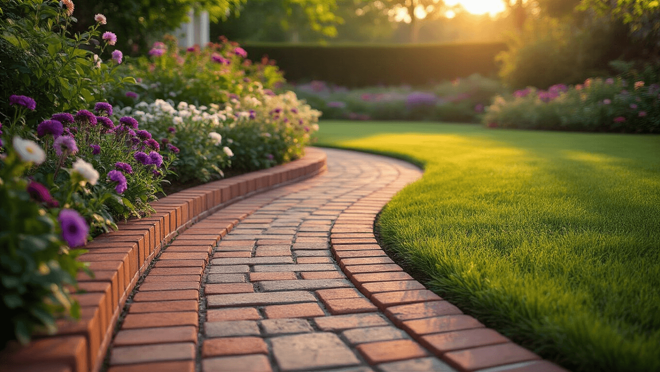 A cinematic wide-angle photograph of a residential garden at golden hour, featuring curved brick edging, manicured emerald lawn, blooming perennials, and a natural stone pathway, all bathed in warm sunset light with sharp brick detail and dreamy bokeh background.