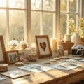 A sunlit craft room with a rustic wooden workbench filled with DIY photo craft supplies, finished projects, and decorative elements, emphasizing a cozy and creative atmosphere.