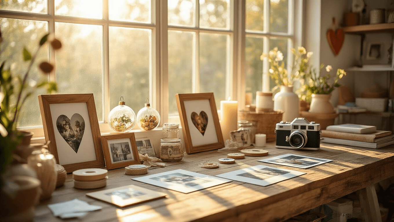 A sunlit craft room with a rustic wooden workbench filled with DIY photo craft supplies, finished projects, and decorative elements, emphasizing a cozy and creative atmosphere.