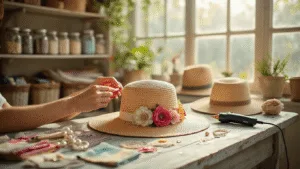 A sunlit craft room features a woman decorating a straw hat with fabric flowers at a weathered wooden table, surrounded by colorful craft supplies, vintage lace, and organized shelving filled with jars of buttons and beads. Soft natural lighting creates a warm, bohemian-vintage atmosphere with dust particles sparkling in the sunlight.