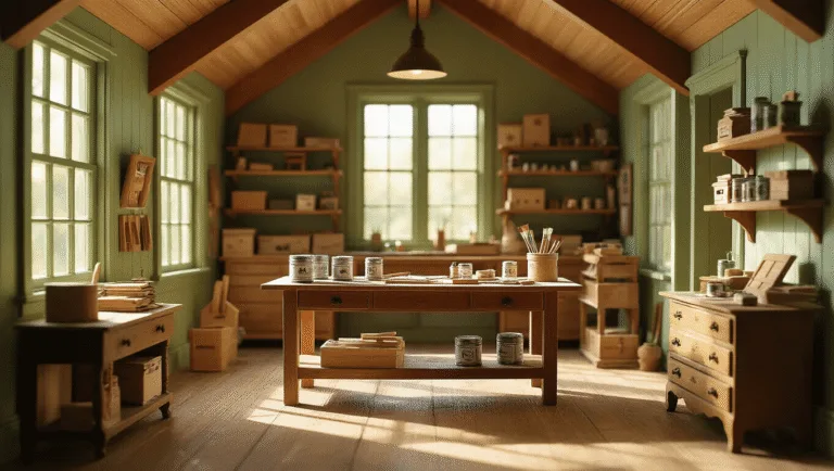 A sunlit craftsman-style dollhouse workshop with vaulted wooden beam ceilings, featuring a weathered oak workbench covered in miniature renovation supplies, vintage wooden shelves with dollhouse kits, and a repurposed antique dresser holding tools, all bathed in warm golden hour light.