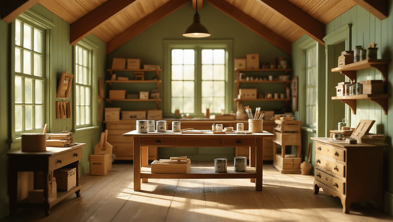 A sunlit craftsman-style dollhouse workshop with vaulted wooden beam ceilings, featuring a weathered oak workbench covered in miniature renovation supplies, vintage wooden shelves with dollhouse kits, and a repurposed antique dresser holding tools, all bathed in warm golden hour light.