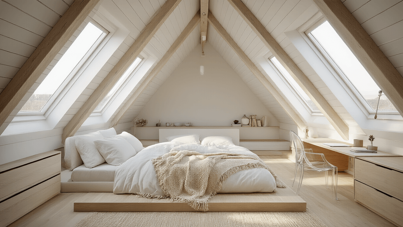 Photorealistic interior of a sunlit attic bedroom featuring a sloped ceiling, a queen-size platform bed with light linens, minimalist Scandinavian design elements, and natural textures, all captured in golden hour lighting.